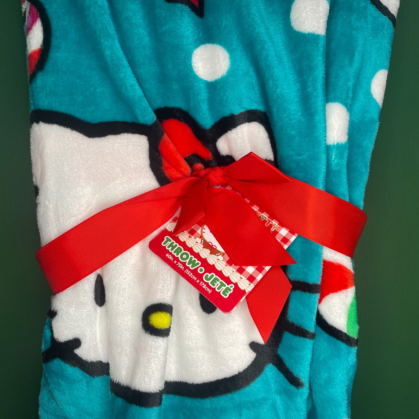 Sanrio Hello Kitty Teal Peppermint Ribbon Christmas Plush Throw Blanket 60 x 70 Inches