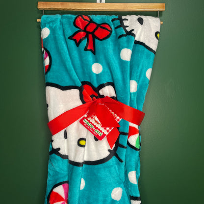 Sanrio Hello Kitty Teal Peppermint Ribbon Christmas Plush Throw Blanket 60 x 70 Inches