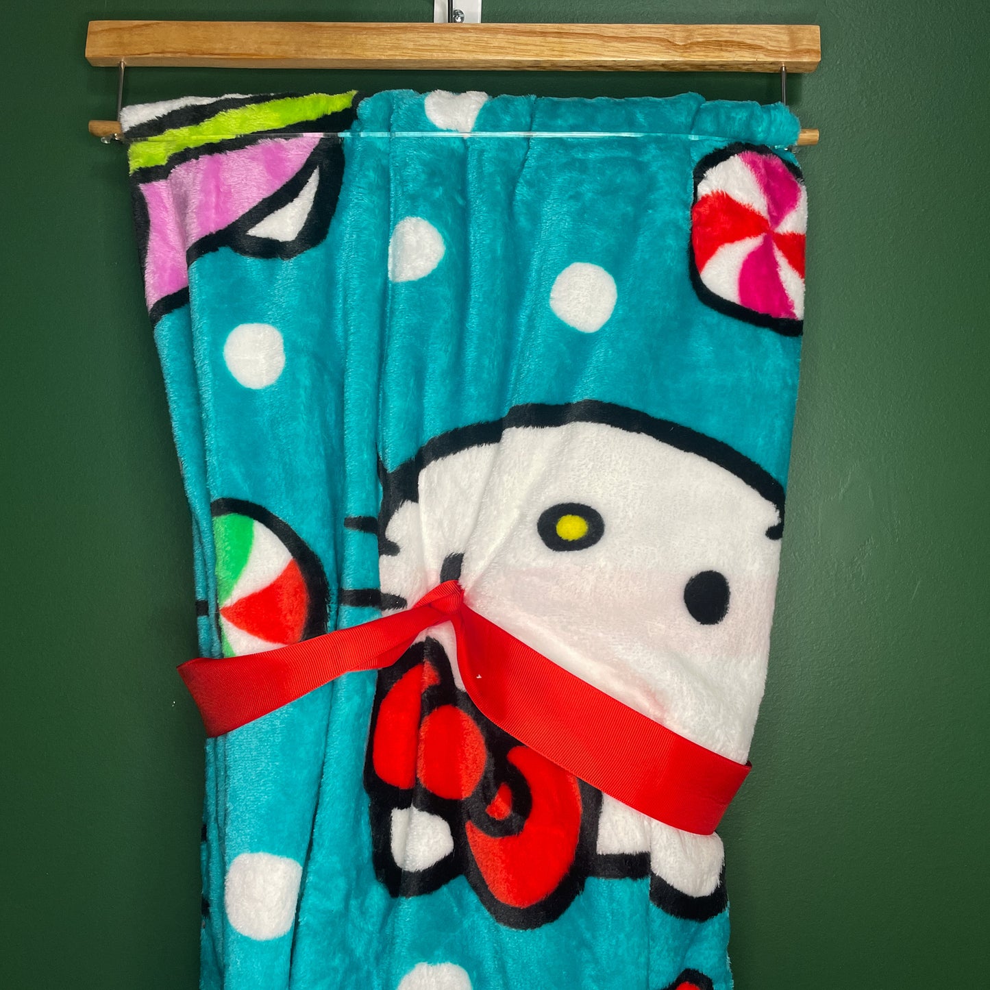 Sanrio Hello Kitty Teal Peppermint Ribbon Christmas Plush Throw Blanket 60 x 70 Inches