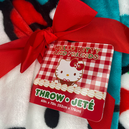 Sanrio Hello Kitty Teal Peppermint Ribbon Christmas Plush Throw Blanket 60 x 70 Inches