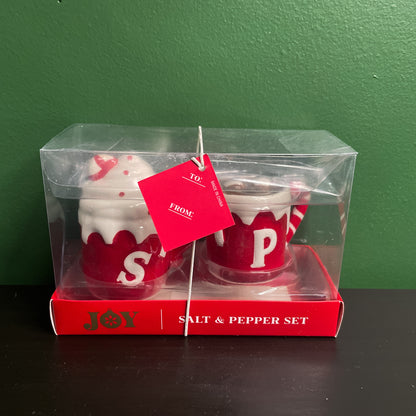 JOY Hot Cocoa Peppermint Salt and Pepper Shaker Christmas Gift Set