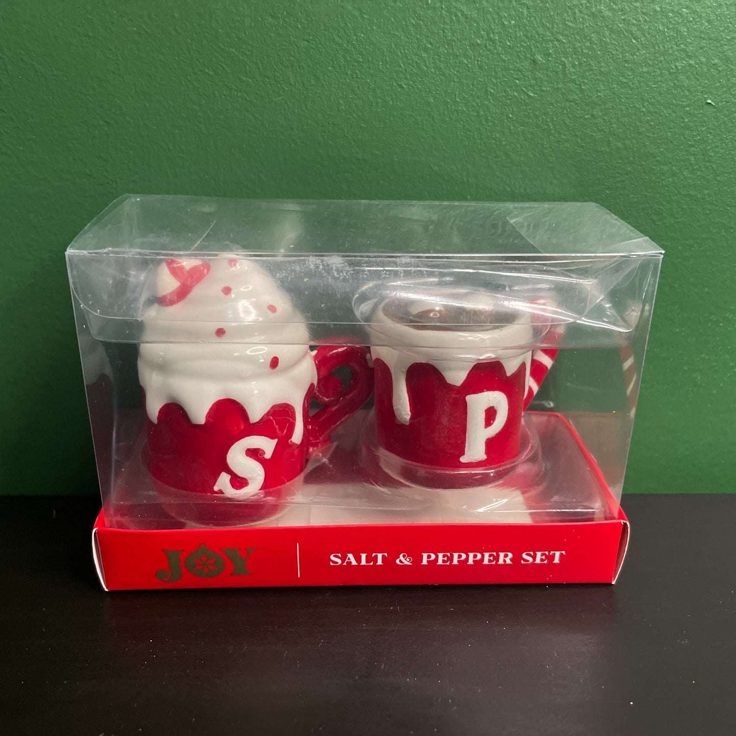 JOY Hot Cocoa Peppermint Salt and Pepper Shaker Christmas Gift Set